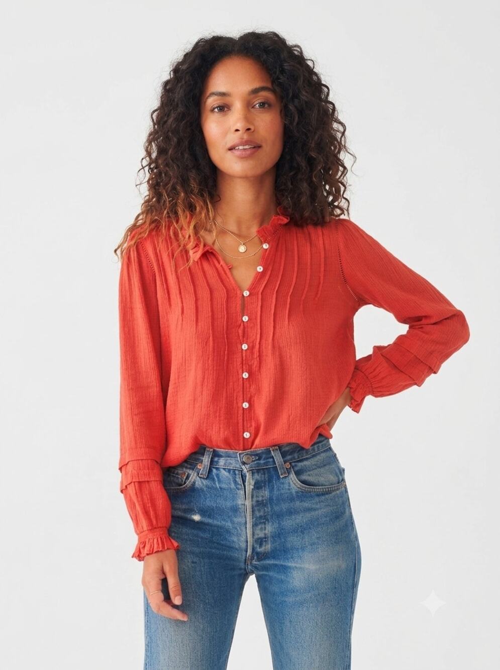 Faherty Women's Willa Peasant Top Coral XS New